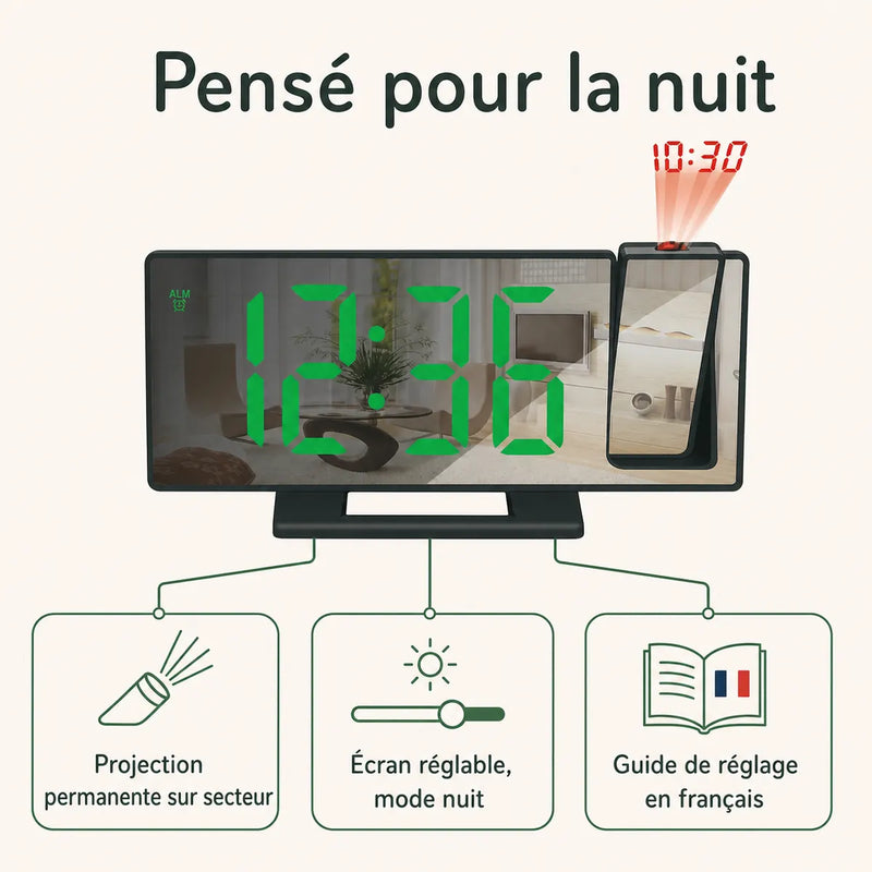 Réveil projecteur plafond : projection permanente, écran réglable et double alarme, atouts Tendre Veilleuse