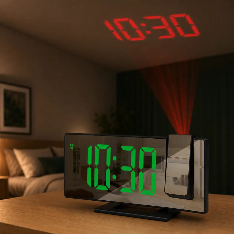 Réveil projecteur plafond : heure projetée en grand au plafond d'une chambre la nuit, Tendre Veilleuse