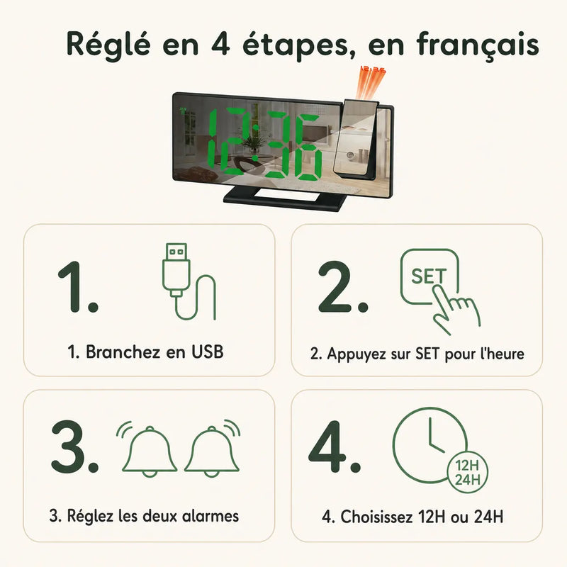 Réveil projecteur plafond, réglage de l'heure en 4 étapes avec guide en français, Tendre Veilleuse