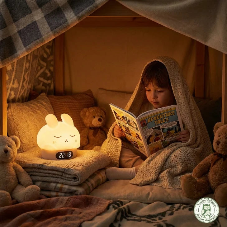 Enfant lisant dans une cabane avec son réveil lapin sans fil. Batterie longue durée 1500mAh rechargeable par USB pour une autonomie totale en voyage.