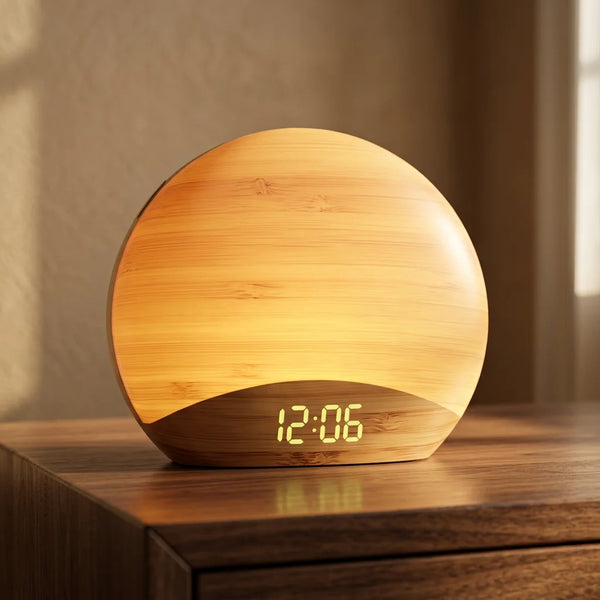 Réveil simulateur d'aube au design en bois naturel avec affichage numérique, diffusant une lumière chaude sur une table de chevet.