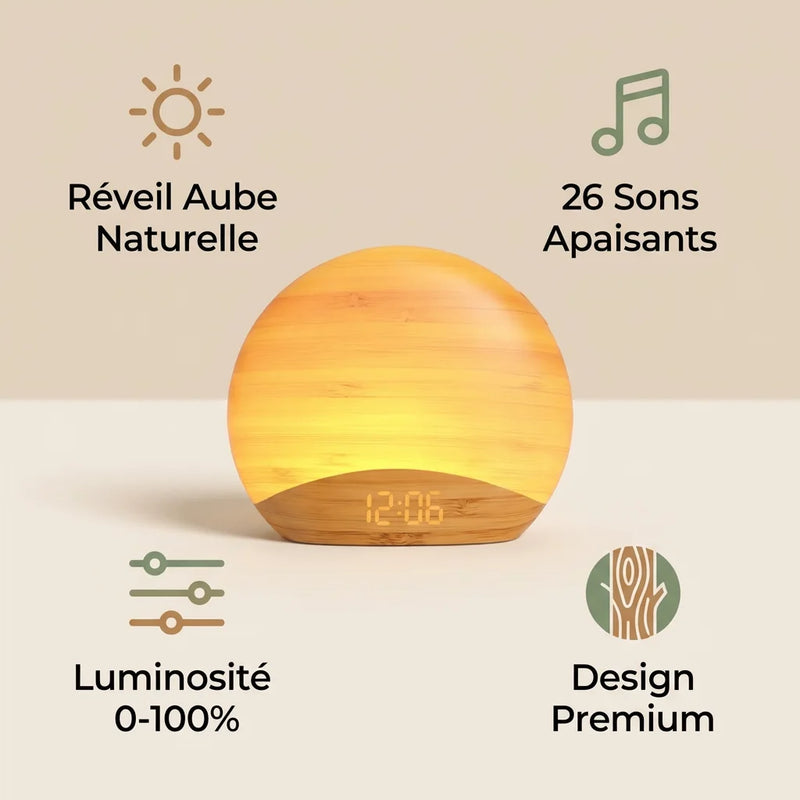 Infographie des fonctions du réveil simulateur d'aube : réveil aube naturelle, 26 sons apaisants, luminosité réglable de 0 à 100% et design premium.