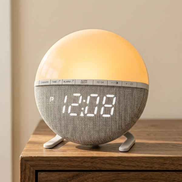 Réveil simulateur d'aube compact avec ses 4 fonctions clés : simulation d'aube progressive, veilleuse aide au sommeil, éclairage d'ambiance et technologie intelligente
