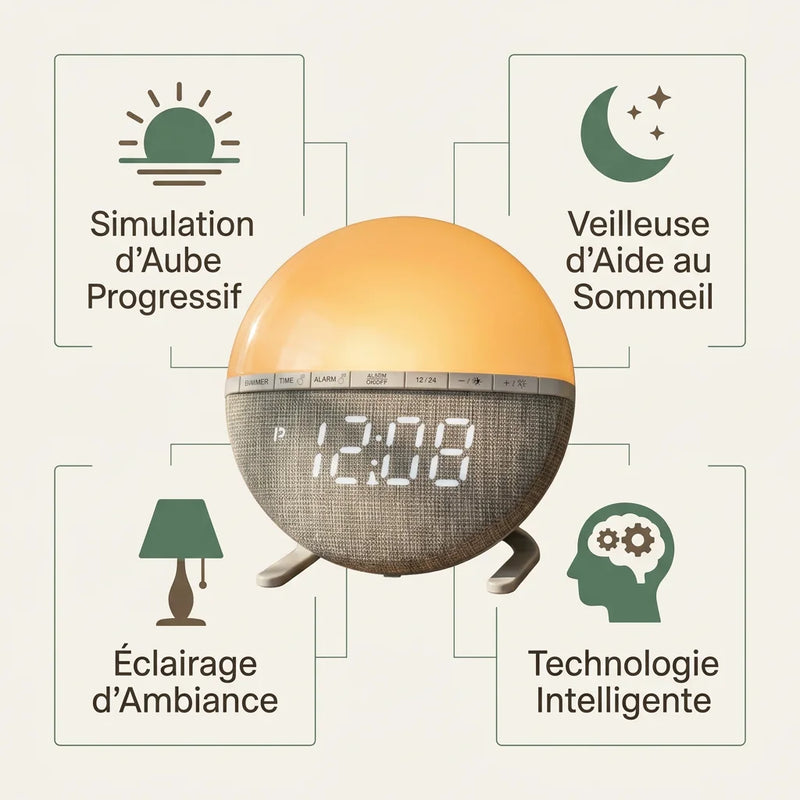 Infographie présentant les 4 fonctions du réveil simulateur d'aube connecté : simulation d'aube progressive, veilleuse d'aide au sommeil, éclairage d'ambiance et technologie intelligente.