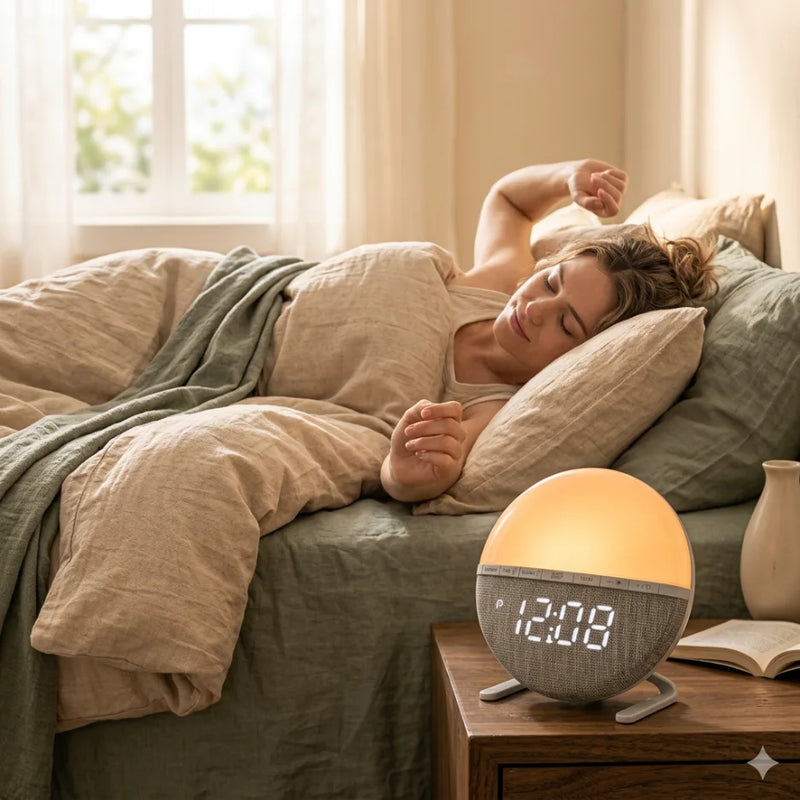 Personne se réveillant naturellement avec un réveil simulateur d'aube compact posé sur la table de nuit, lumière sunrise douce à 12h08