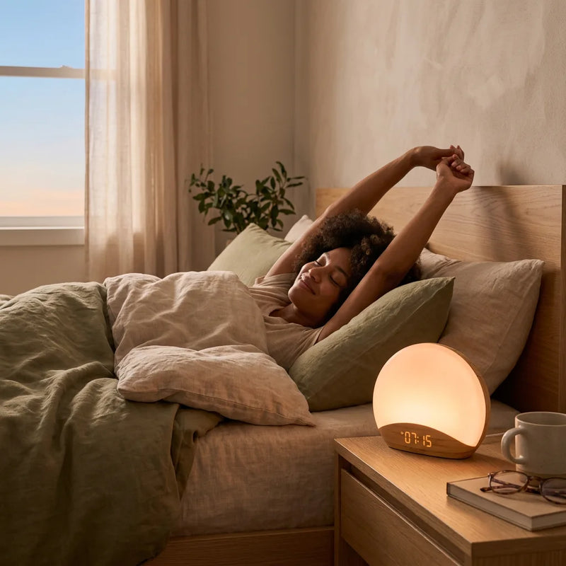 Femme s'étirant avec le sourire dans son lit, profitant d'un réveil en douceur grâce à la lumière progressive de son réveil simulateur d'aube.