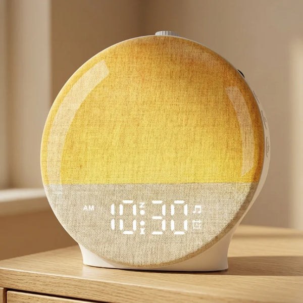 Réveil simulateur d'aube au design rond avec finition en tissu, posé sur une table en bois et affichant l'heure numérique.