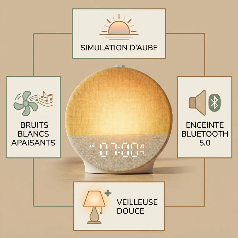 Infographie des fonctions du réveil simulateur d'aube : simulation d'aube, bruits blancs apaisants, enceinte Bluetooth 5.0 et veilleuse douce.