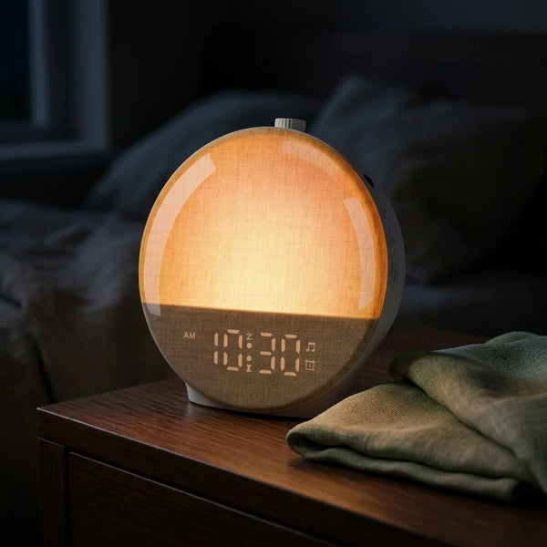 Réveil veilleuse simulateur d'aube diffusant une lumière chaude et apaisante sur une table de chevet dans une chambre sombre.