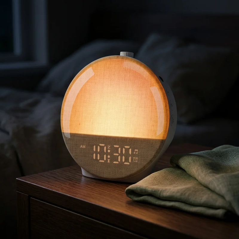 Réveil veilleuse simulateur d'aube diffusant une lumière chaude et apaisante sur une table de chevet dans une chambre sombre.