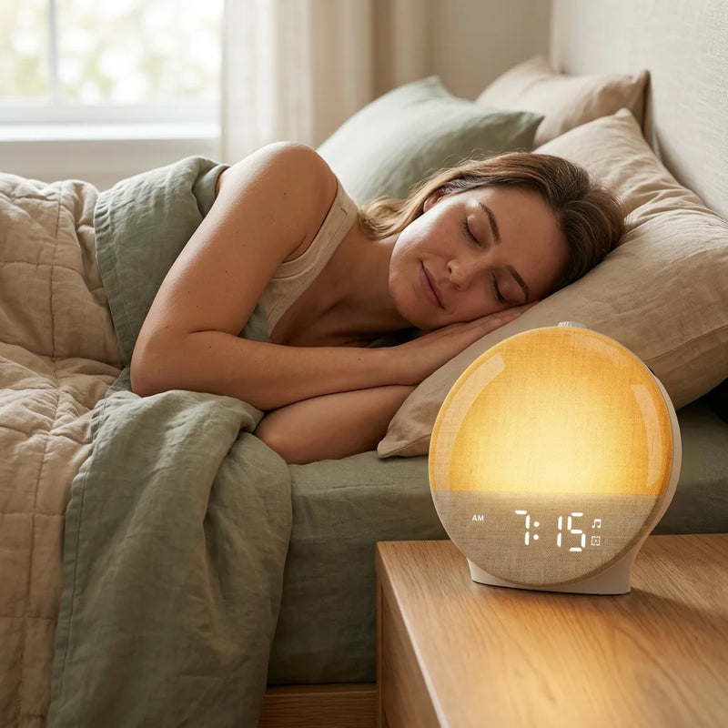 Femme dormant paisiblement à côté de son réveil lumineux simulateur d'aube, diffusant une lumière progressive pour un réveil naturel.