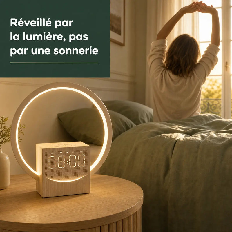 Réveil en douceur par simulateur de lever de soleil, lumière chaude qui monte au petit matin dans la chambre, Tendre Veilleuse