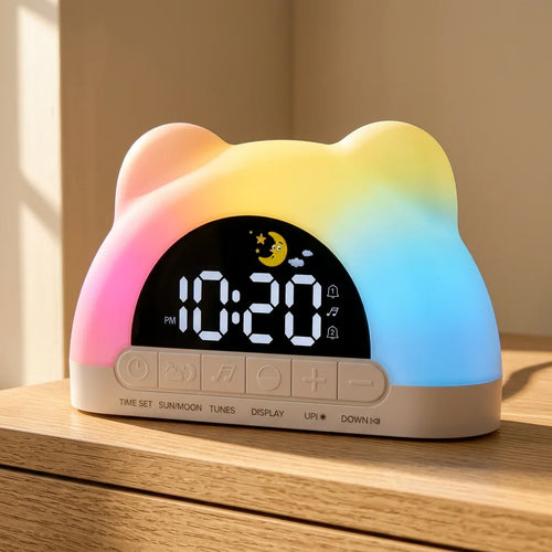 Réveil Simulateur d'Aube Enfant Ours, Veilleuse 11 Couleurs et Double Alarme