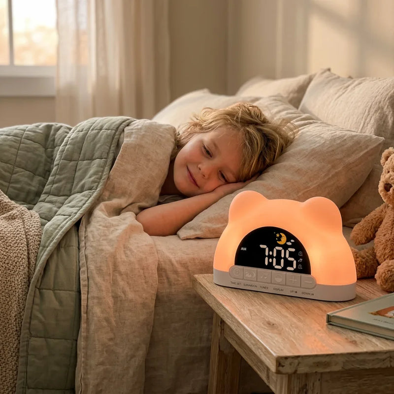 Petit garçon souriant dans son lit, profitant d'un réveil en douceur grâce à la lumière de son réveil simulateur d'aube enfant.