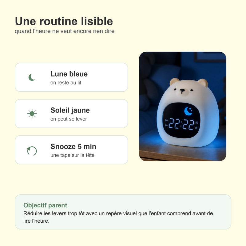Routine réveil veilleuse ours enfant avec repères lune bleue, soleil jaune et snooze 5 minutes, Tendre Veilleuse