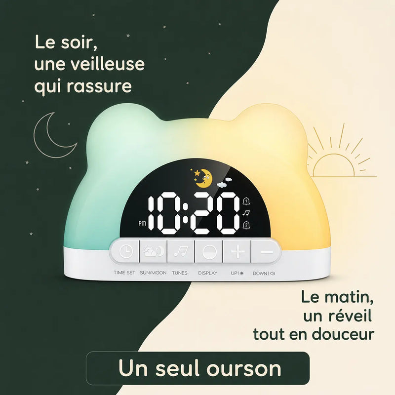 Infographie réveil veilleuse ours, veilleuse rassurante le soir et réveil en douceur le matin, Tendre Veilleuse
