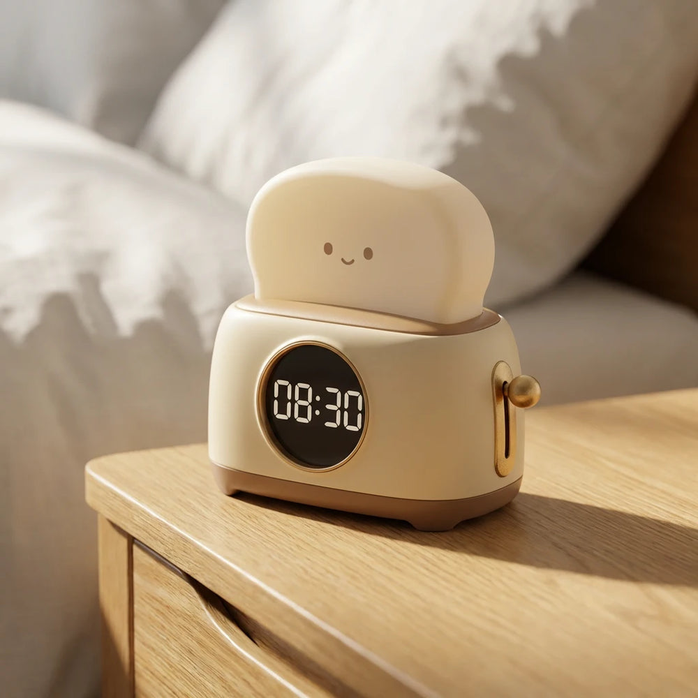 Réveil veilleuse en forme de toast kawaii posé sur une table de chevet. Design original en ABS mat premium doux au toucher, affichant l'heure numérique clairement. Idée décoration chambre et bureau.