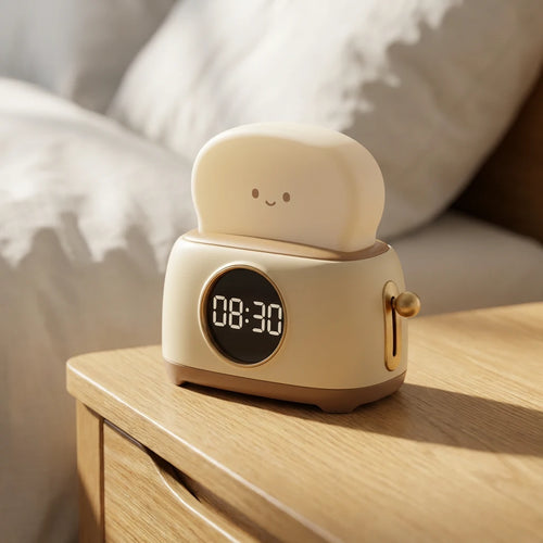 Réveil Veilleuse Toast Kawaii : Lampe Dimmable, 3 Alarmes, Timer