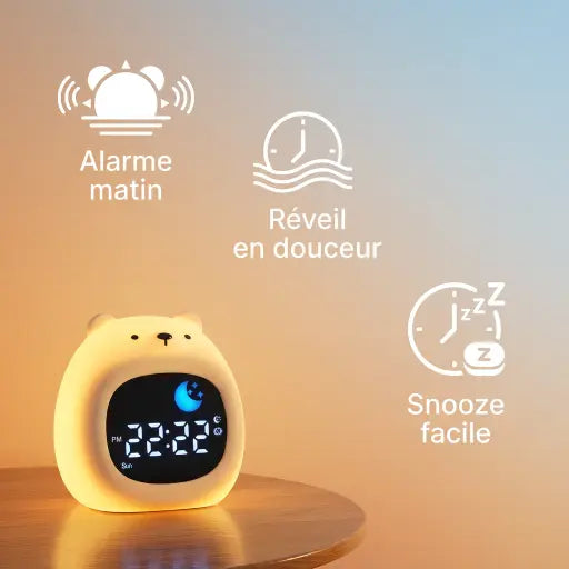 Mode d'emploi visuel du réveil éducatif : Rouge pour rester au lit, Vert pour se lever. La méthode pédagogique pour l'autonomie de l'enfant.