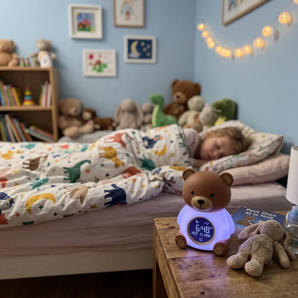 Réveil simulateur d'aube forme ours avec veilleuse colorée dans une chambre d'enfant au lever