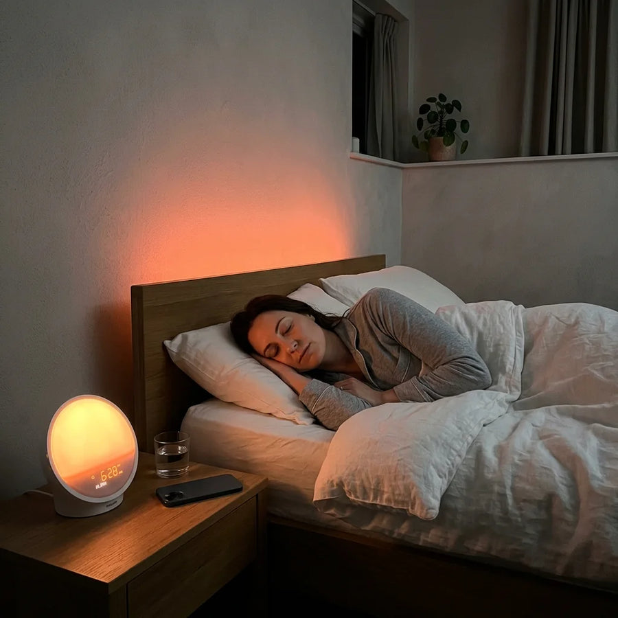 Simulateur d'aube posé sur table de nuit avec lumière progressive orangée, personne endormie en arrière-plan