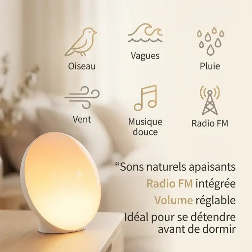 Infographie sons naturels et radio FM du réveil simulateur d'aube Horizon Tendre Veilleuse