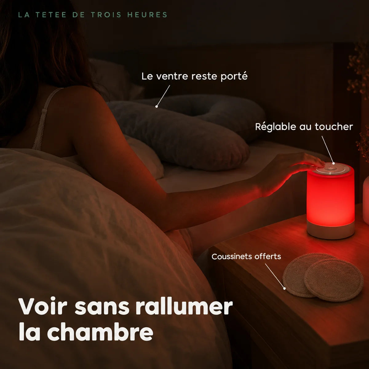 Tétée de nuit éclairée à la lumière rouge 670 nm, coussin de grossesse en U resté en place sur le lit, Tendre Veilleuse