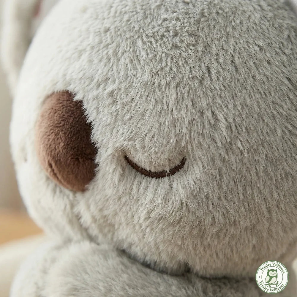 Zoom sur la texture peluche douce hypoallergénique et les yeux brodés sécurisés du koala pour bébé