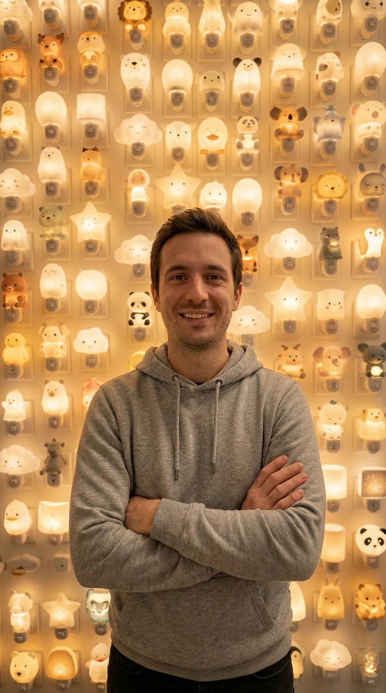 Thomas, préparateur de Tendre Veilleuse, posant devant un mur d'exposition présentant des dizaines de modèles de veilleuses en silicone (ours, lapins, nuages). Il illustre son engagement de Papa-Testeur pour la sécurité et la certification des produits de puériculture.