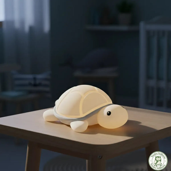 Tortue lumineuse en silicone allumée dans l'obscurité, diffusant une lumière douce et tamisée parfaite pour rassurer bébé durant son sommeil ou pour l'allaitement nocturne.