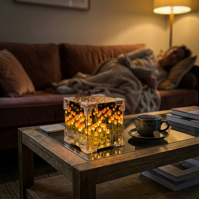 Tulipée™ allumée sur table basse salon cosy – lampe décorative LED ambiance adulte – Tendre Veilleuse