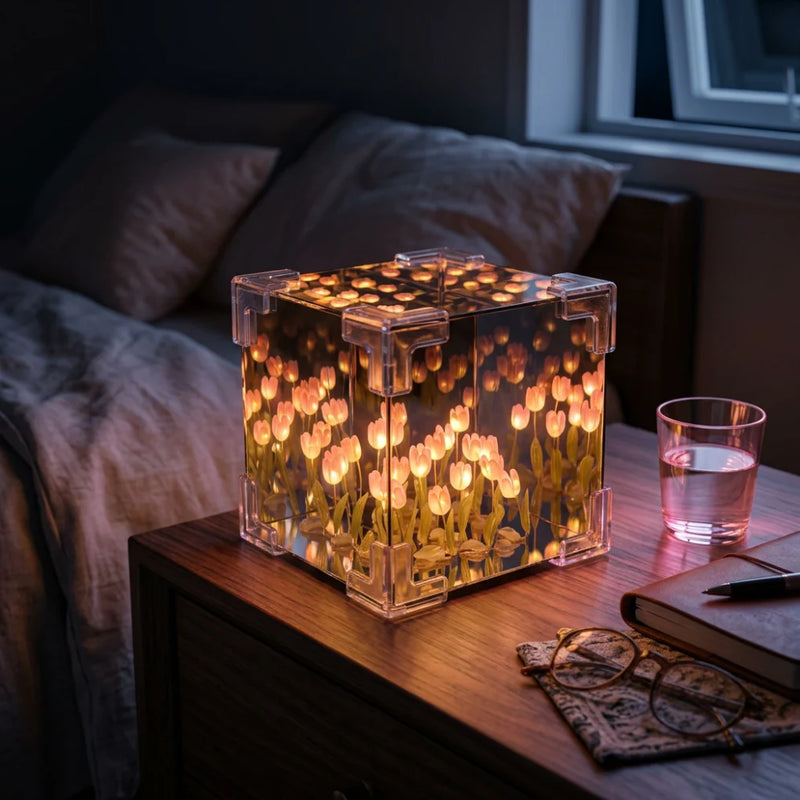 Tulipée™ allumée sur table de chevet – lumière LED chaude tulipes illusion infinie – Tendre Veilleuse