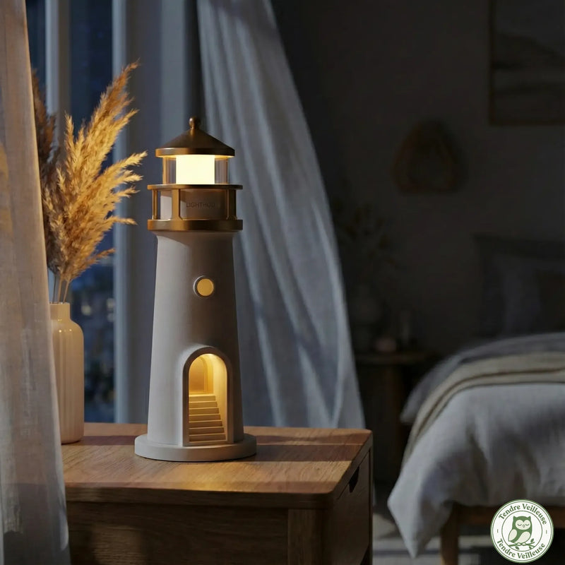 Veilleuse lune allumée la nuit diffusant une lumière chaude sans lumière bleue, idéale pour préserver le sommeil de bébé et des parents.