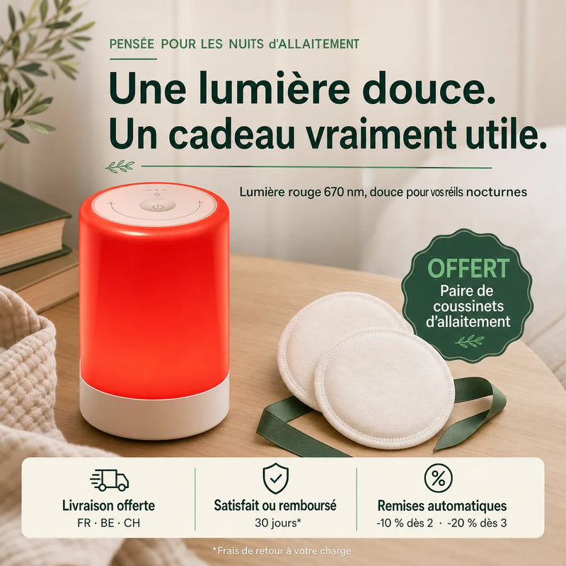 Veilleuse allaitement lumière rouge 670 nm avec paire de coussinets d’allaitement offerte, Tendre Veilleuse