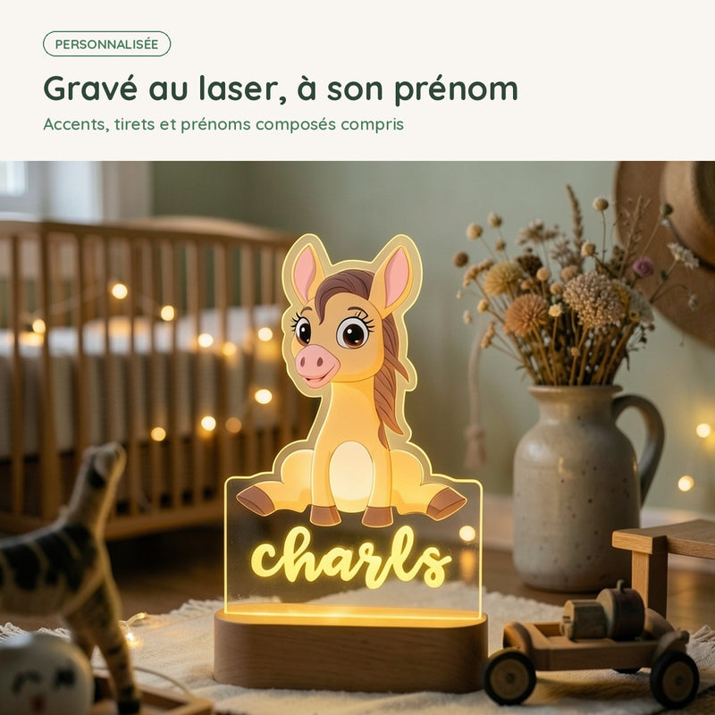 Prénom gravé au laser sur la veilleuse âne personnalisée, accents et prénoms composés compris