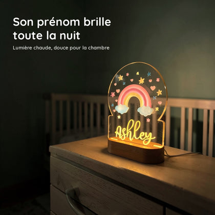 Veilleuse arc-en-ciel personnalisée avec prénom, socle en bois