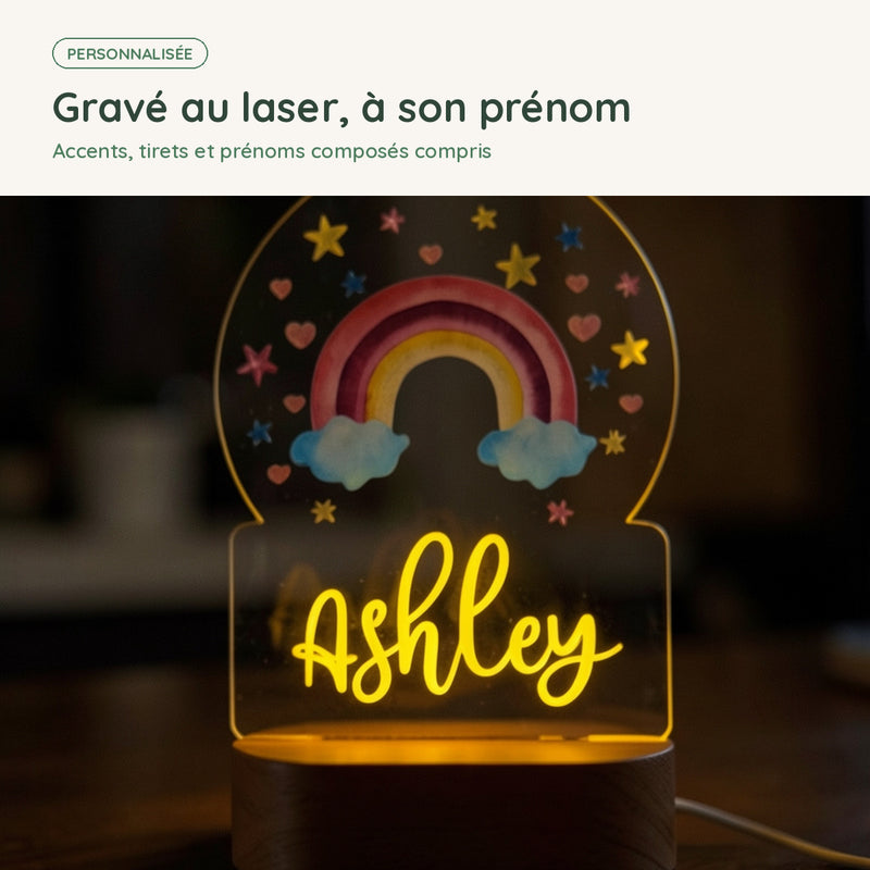 Prénom gravé au laser sur la veilleuse arc-en-ciel personnalisée, accents et prénoms composés compris