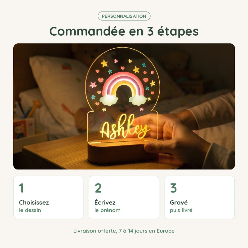 Veilleuse arc-en-ciel personnalisée commandée en 3 étapes : dessin, prénom, gravure et livraison offerte