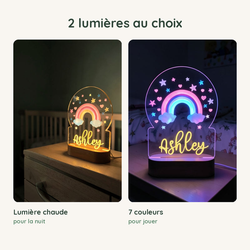 Veilleuse arc-en-ciel personnalisée en lumière chaude pour la nuit ou en 7 couleurs pour jouer