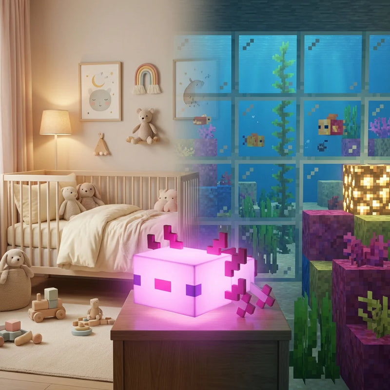 Transition visuelle d'une chambre d'enfant aux tons pastel vers l'univers sous-marin du jeu, illuminée au centre par la veilleuse Axolotl sans fil.