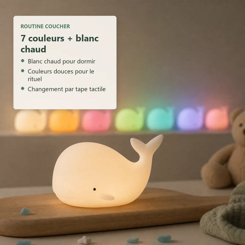 Veilleuse baleine bébé silicone 7 couleurs et blanc chaud pour rituel du coucher Tendre Veilleuse