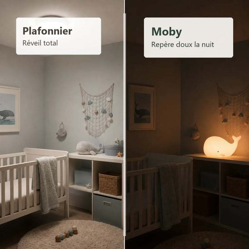 Comparatif veilleuse baleine bébé silicone Moby contre plafonnier pour réveil nocturne doux Tendre Veilleuse