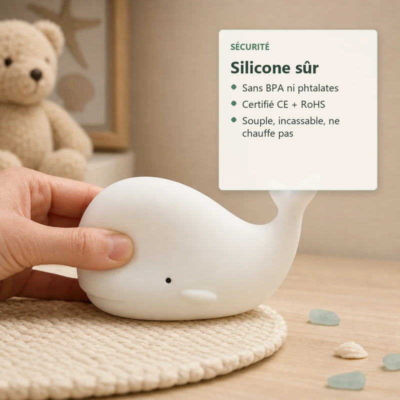 Veilleuse baleine bébé silicone sans BPA certifiée CE RoHS souple et incassable Tendre Veilleuse