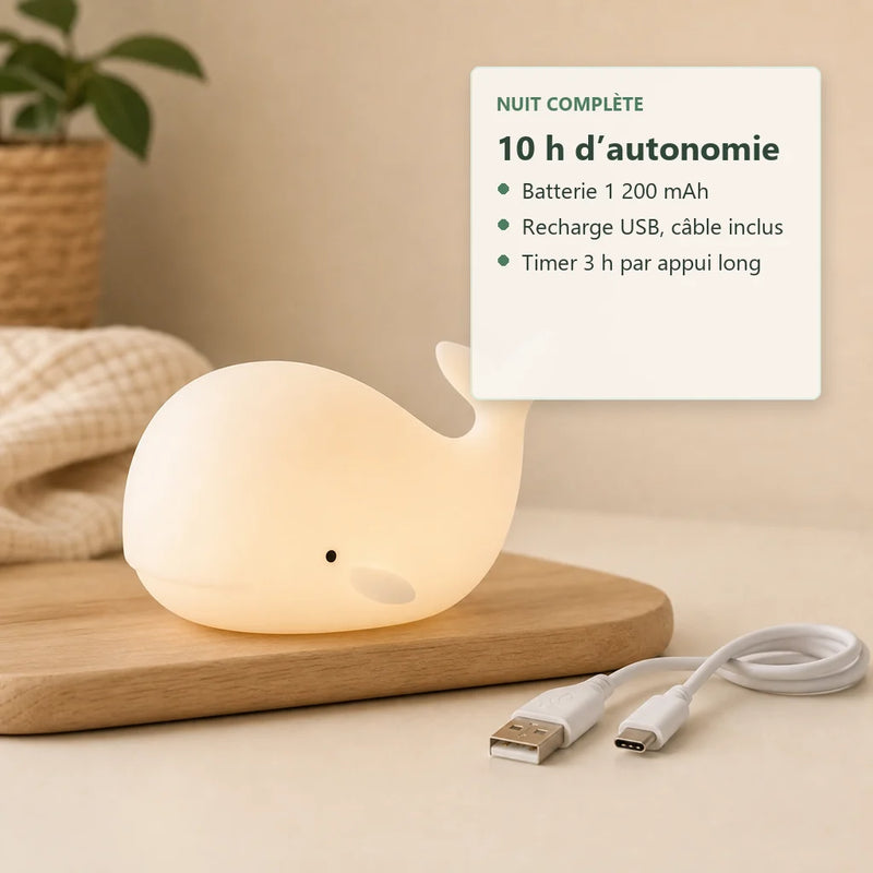Veilleuse baleine bébé silicone rechargeable USB autonomie 10 heures timer 3 h Tendre Veilleuse