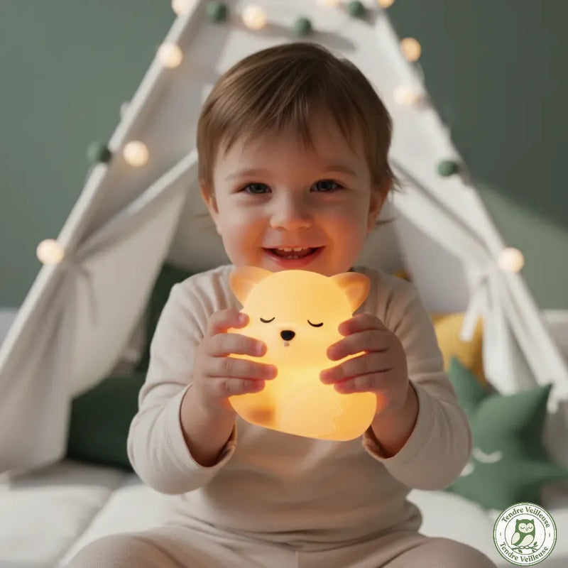 Veilleuse bébé renard silicone souple tenue par enfant, format nomade tactile pour routine du coucher Tendre Veilleuse