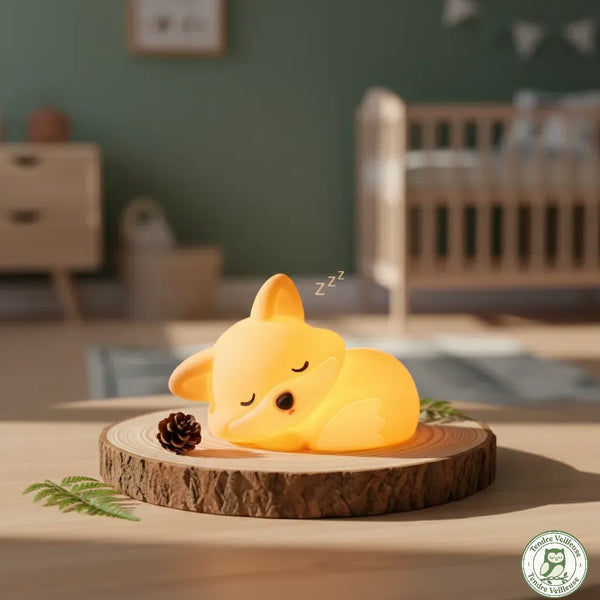 Veilleuse bébé renard silicone souple lumière chaude orange sur rondin bois chambre bébé, lampe de nuit rechargeable Tendre Veilleuse