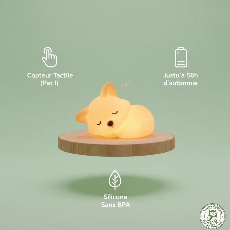 Veilleuse bébé renard tactile silicone sans BPA, autonomie jusqu'à 56h, lampe de chevet enfant Tendre Veilleuse