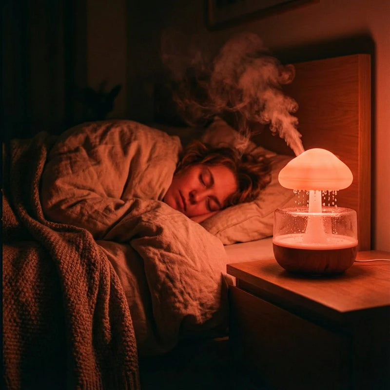 femme dormant profondément veilleuse champignon bruit de pluie lumière ambrée douce, mélatonine préservée, brume humidificateur visible table de nuit