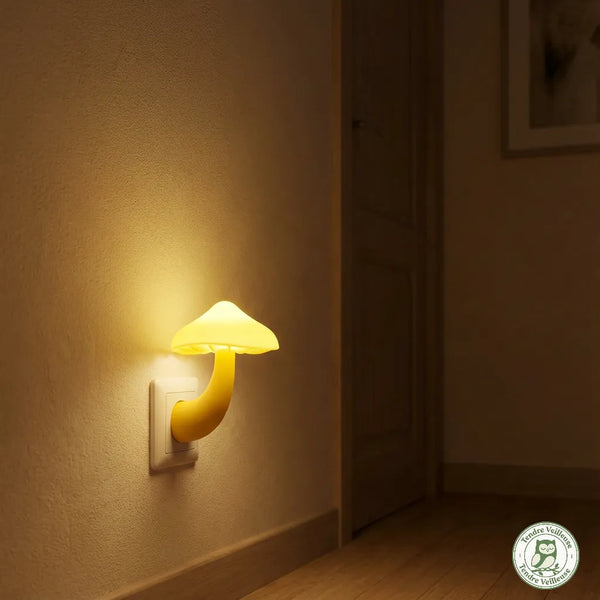 Veilleuse prise champignon jaune allumée avec capteur crépusculaire et lumière ambrée chaude, Tendre Veilleuse