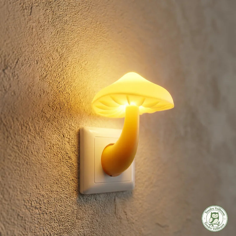 Gros plan sur la veilleuse prise champignon compacte et son ajustement dans une prise murale, Tendre Veilleuse